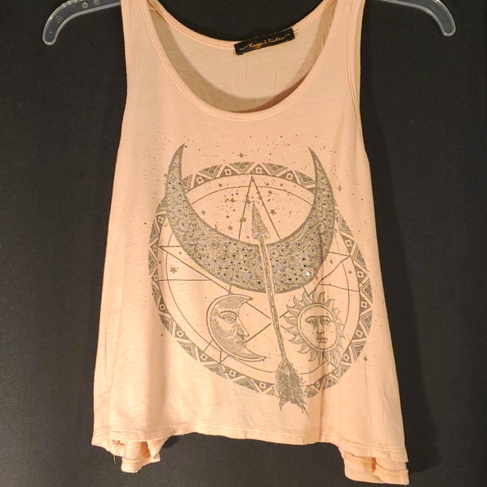 Rags II Riches tank top size S Peach w front design  & cross back
